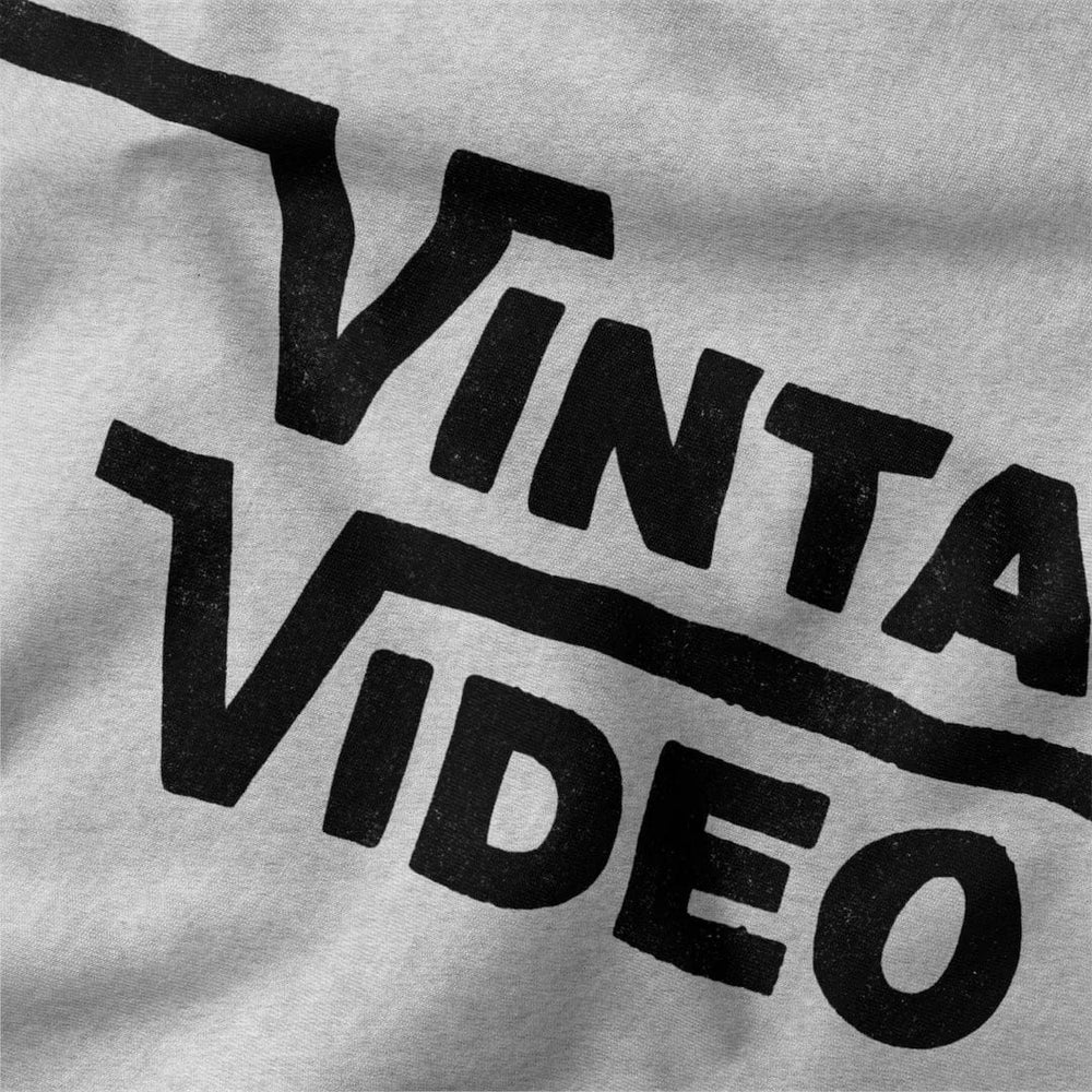 vintage video classic tee in athletic heather, close-up of the print
