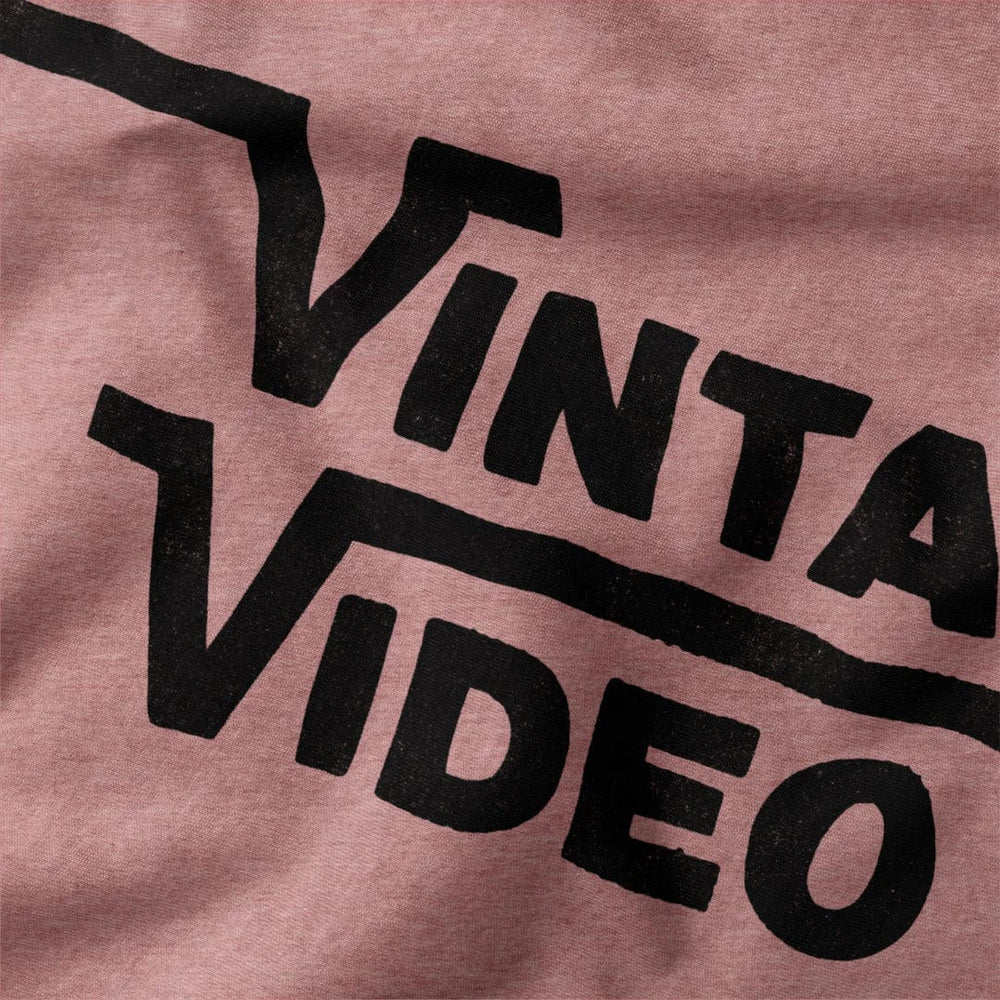 vintage video classic tee in heather mauve, close-up of the print