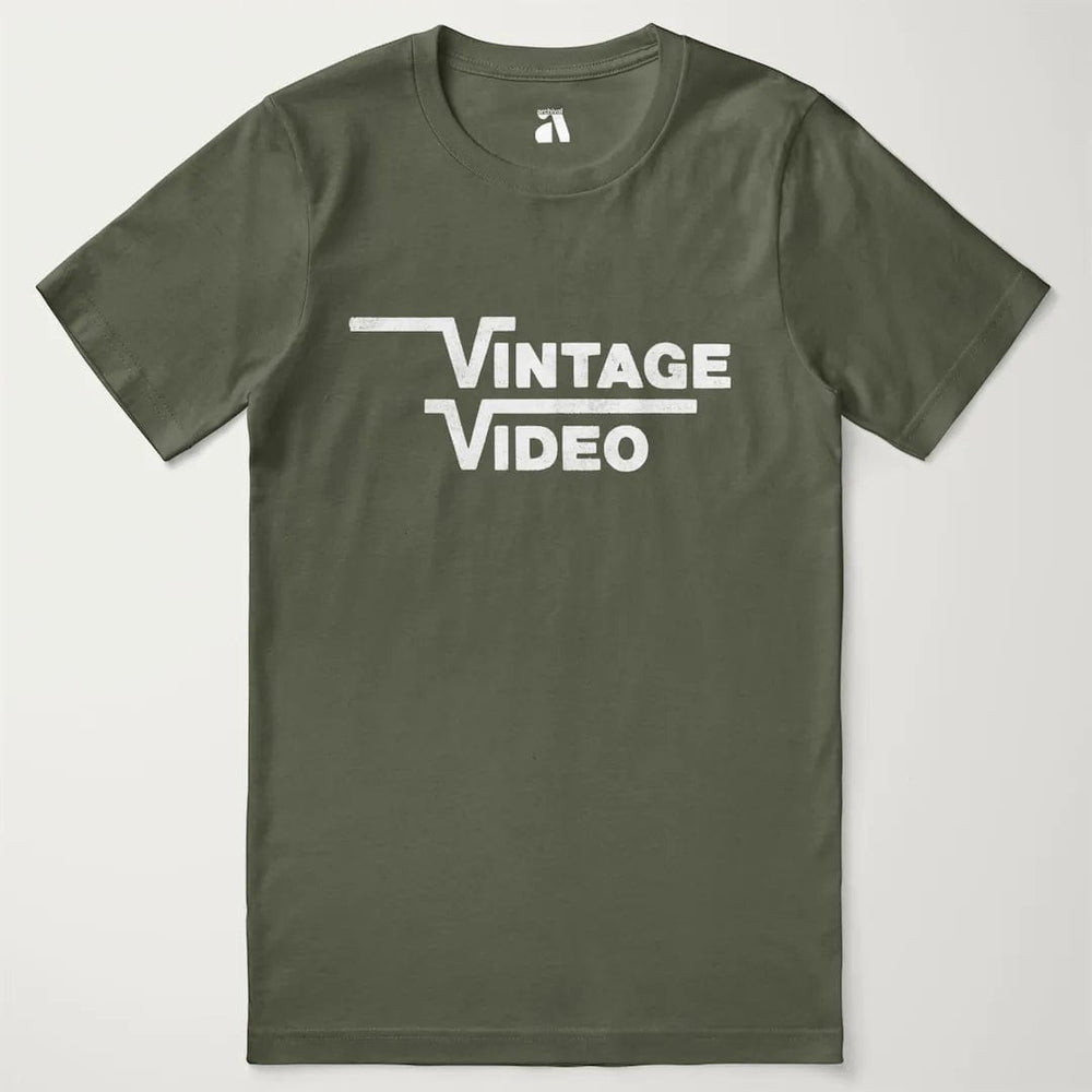 vintage video classic tee in military green, laid flat