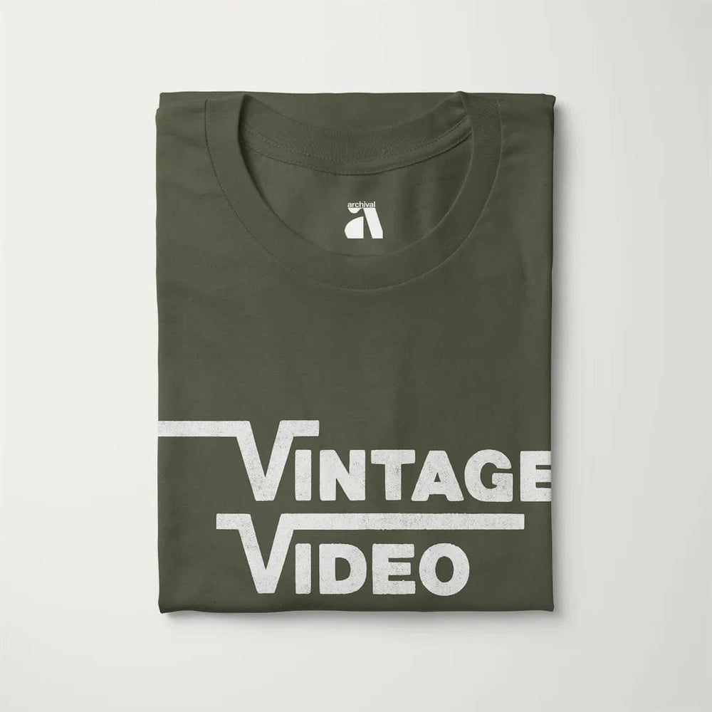 vintage video classic tee in military green, folded
