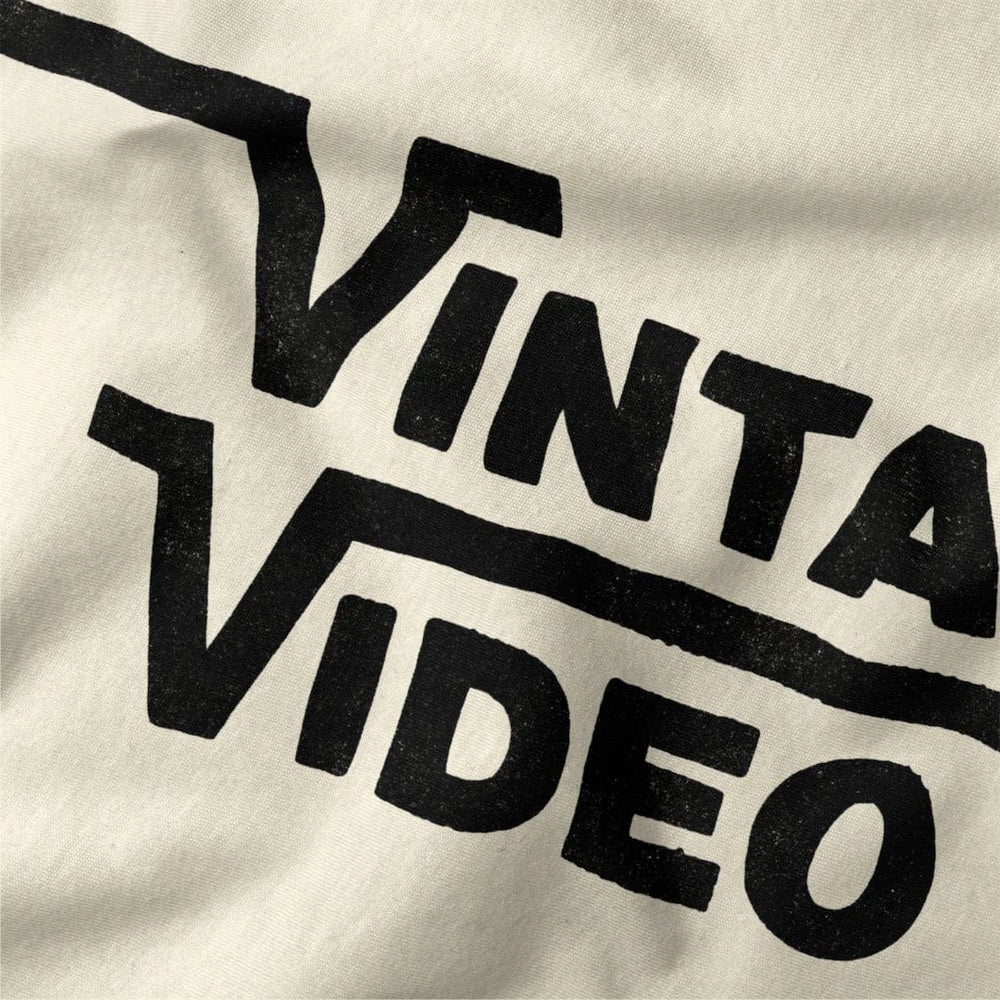 vintage video classic tee in natural, close-up of the print