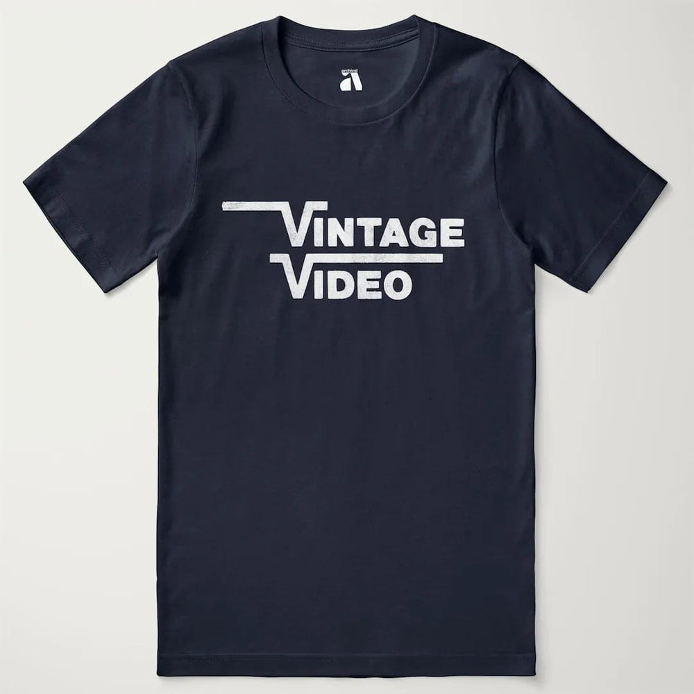 vintage video classic tee in navy, laid flat