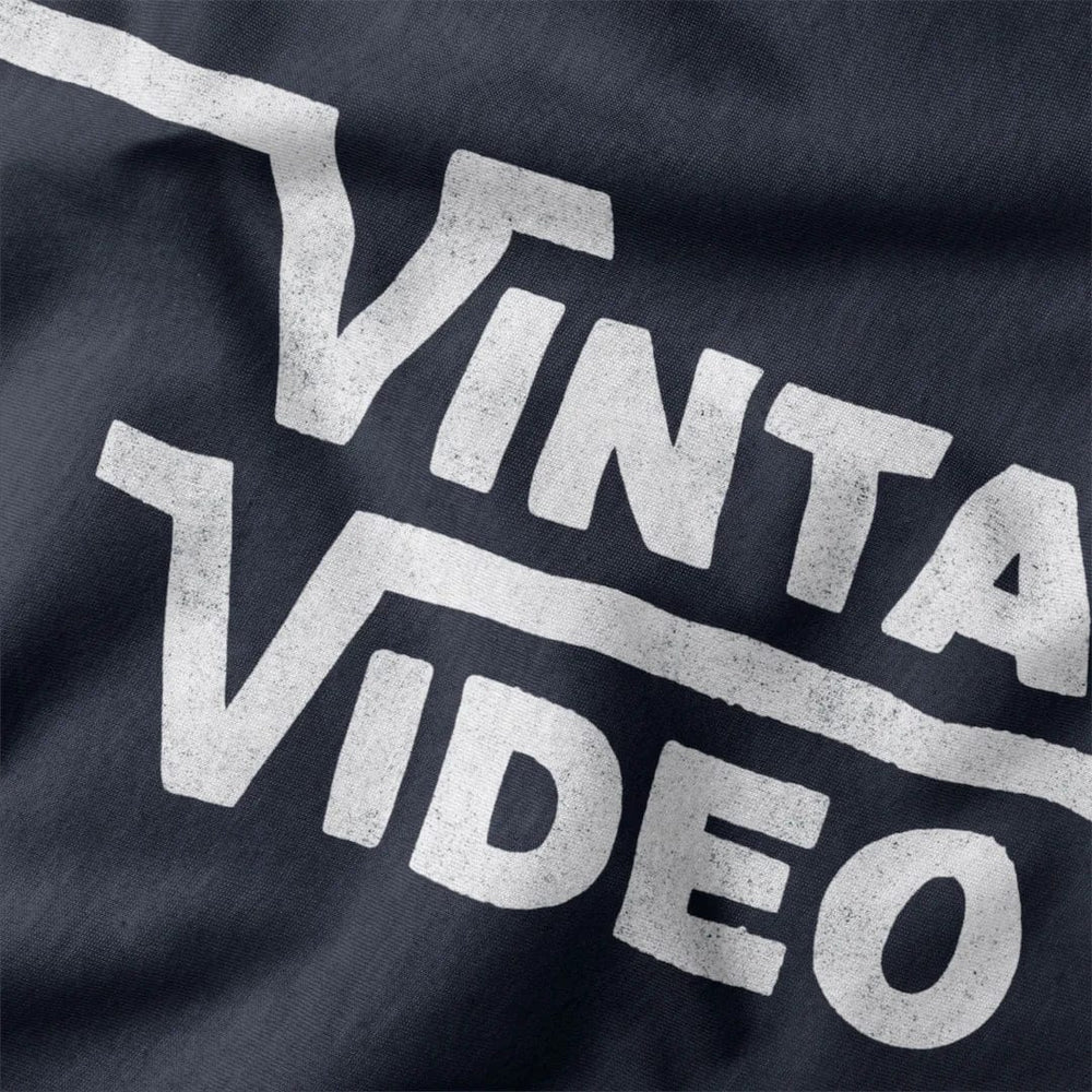 vintage video classic tee in navy, close-up of the print