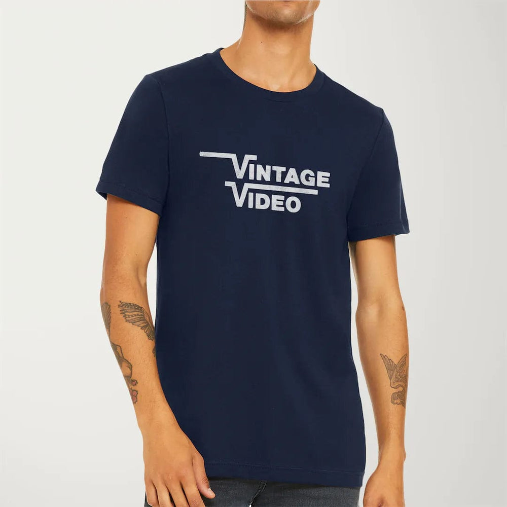 vintage video classic tee in navy, worn