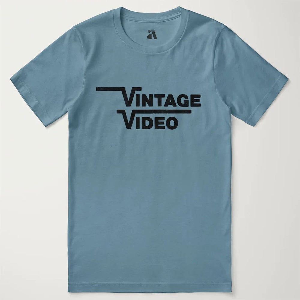 vintage video classic tee in steel blue, laid flat