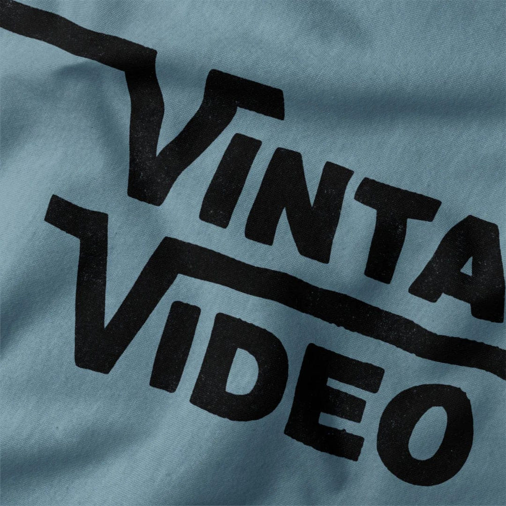 vintage video classic tee in steel blue, close-up of the print