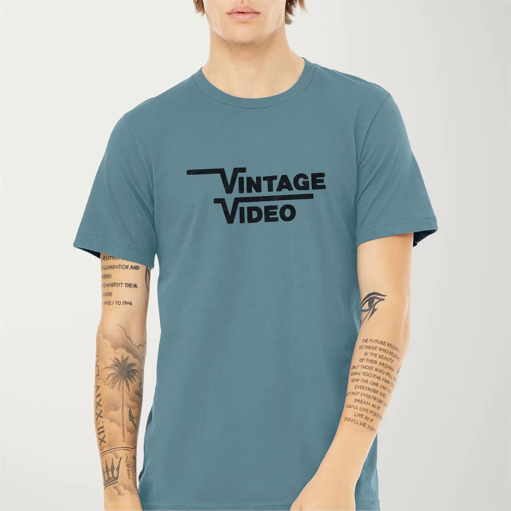 vintage video classic tee in steel blue, worn