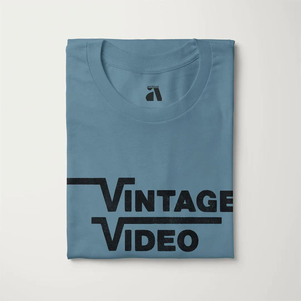 vintage video classic tee in steel blue, folded
