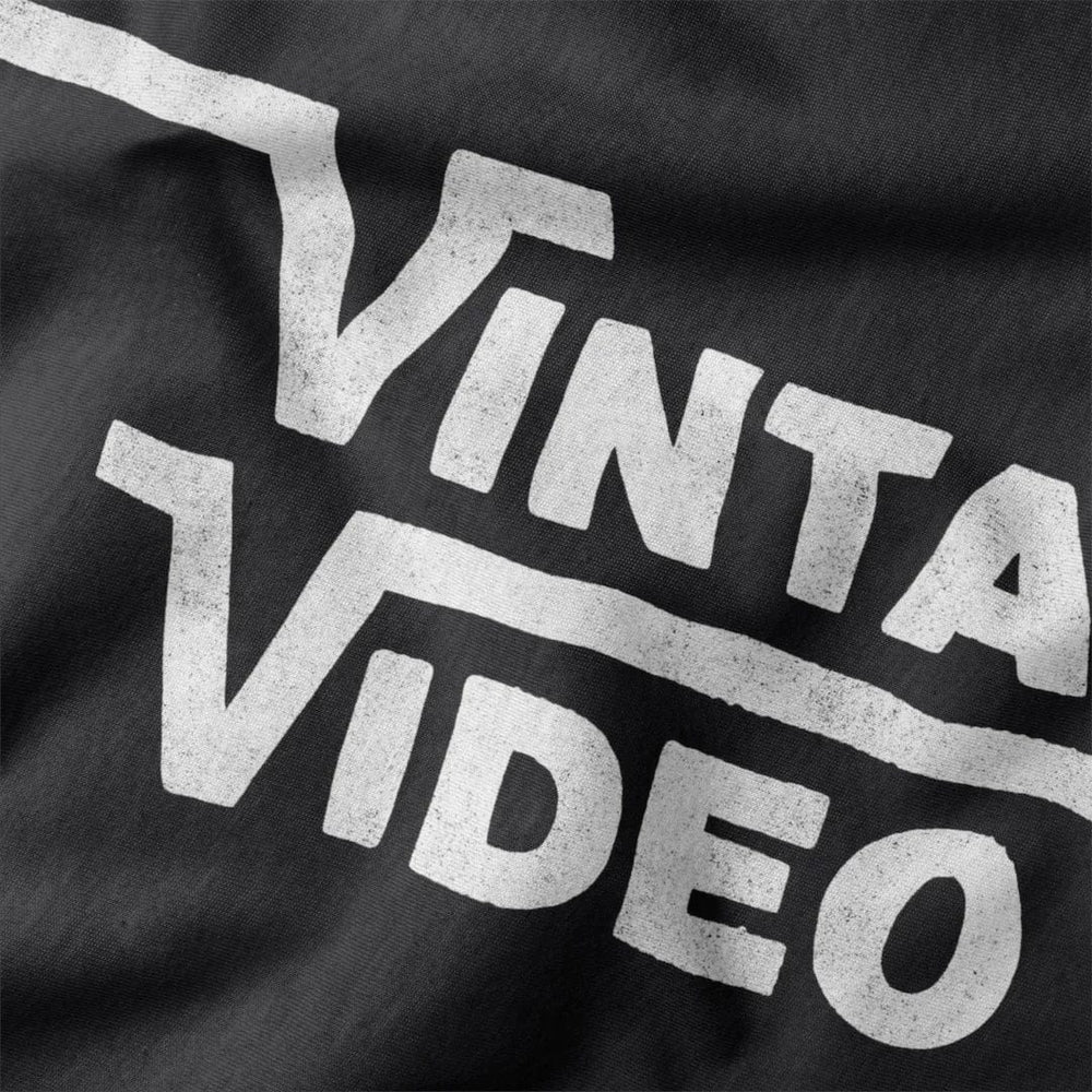 vintage video classic tee in vintage black, close-up of the print