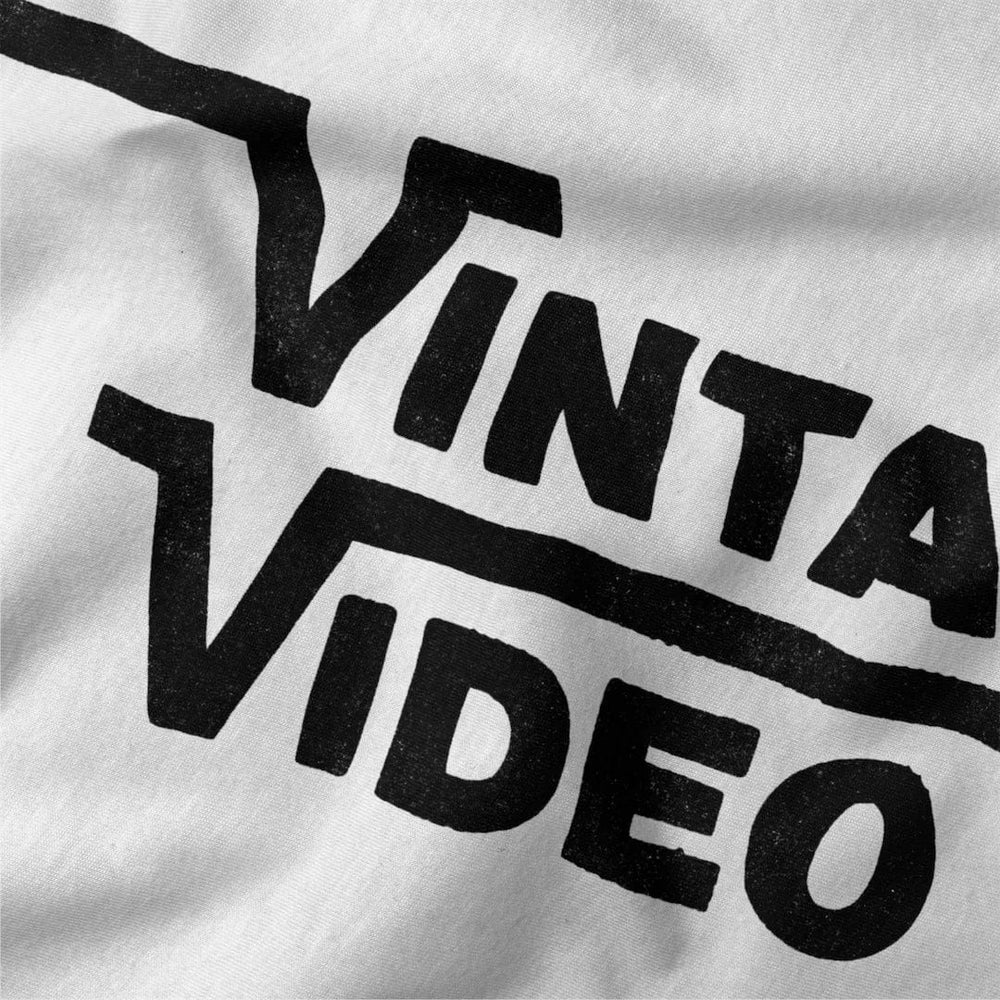 vintage video classic tee in vintage white, close-up of the print