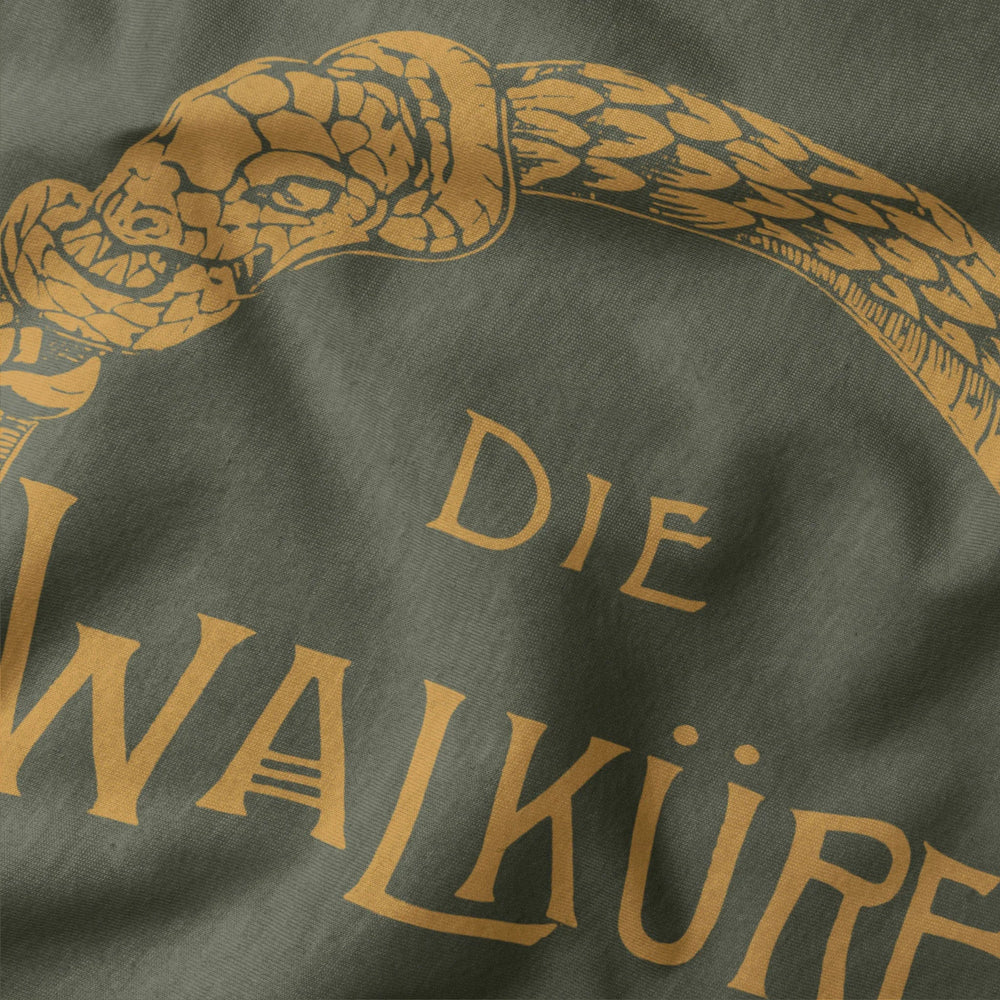 wagner: die walküre classic tee in military green, close-up of the print